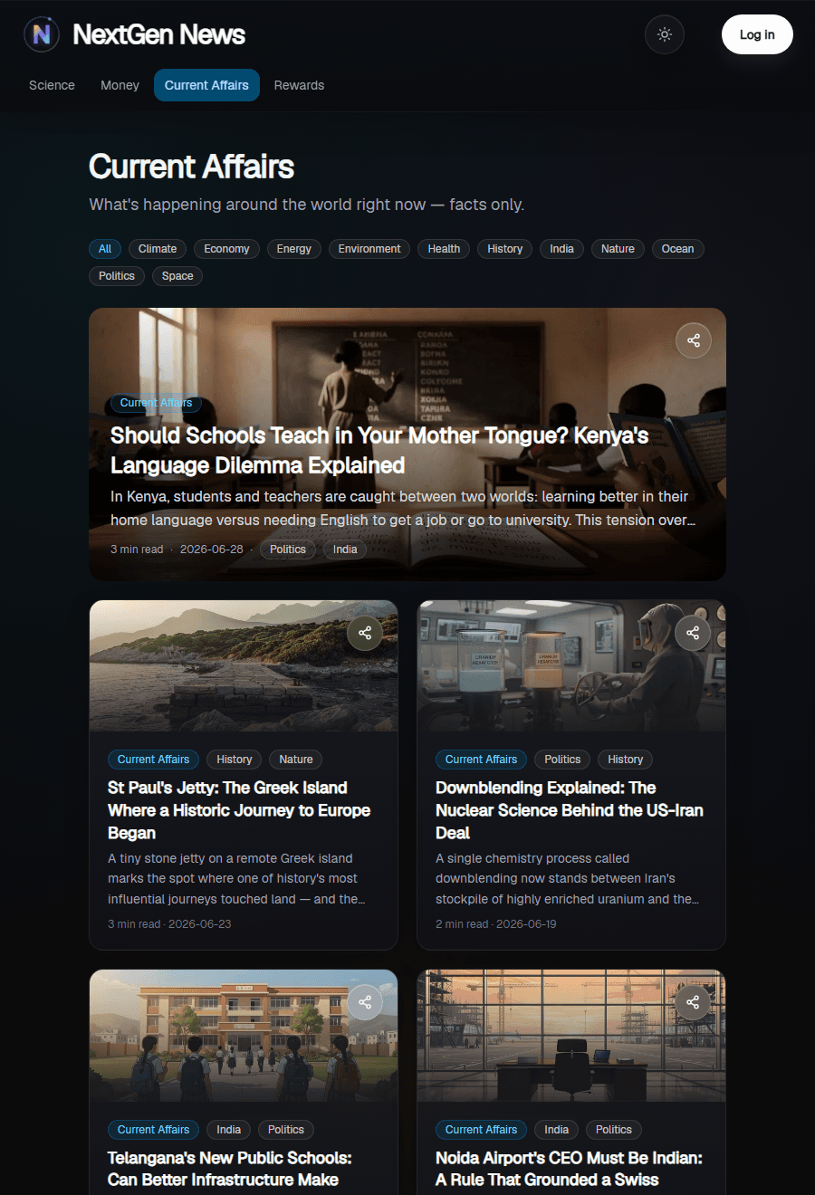 NextGen News Current Affairs library with story cards and topic filters.