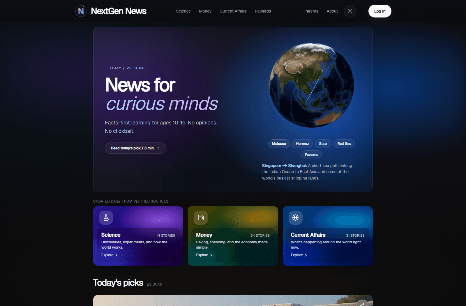 NextGen News home view with hero card and Science, Money, and Current Affairs category cards.